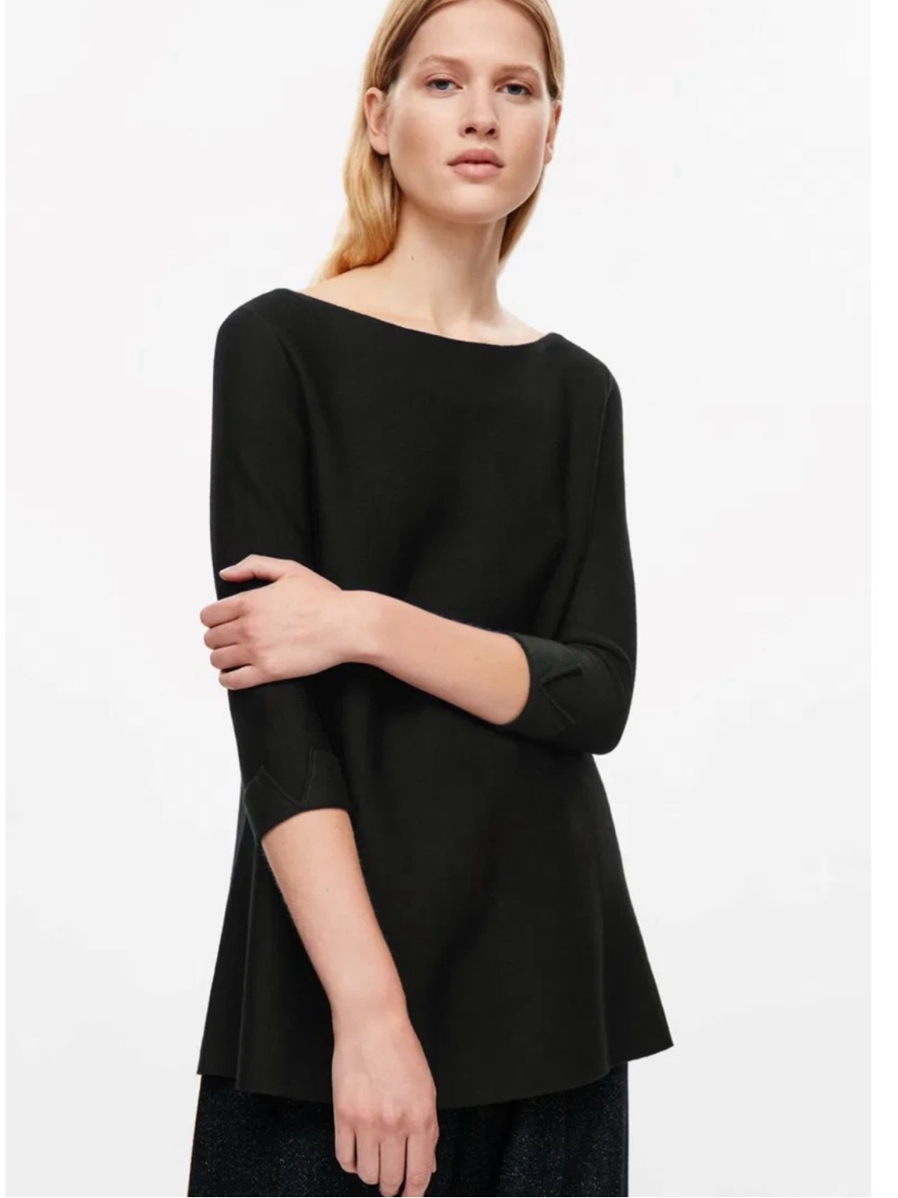 COS Merino Wool Blend Black A-Line Sweater Boatneck 3/4 Sleeve Large Some Flaws
